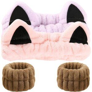 2 Pcs Cat Ears Headband Spa Headband Washing Face Headband Pink Purple Wristband